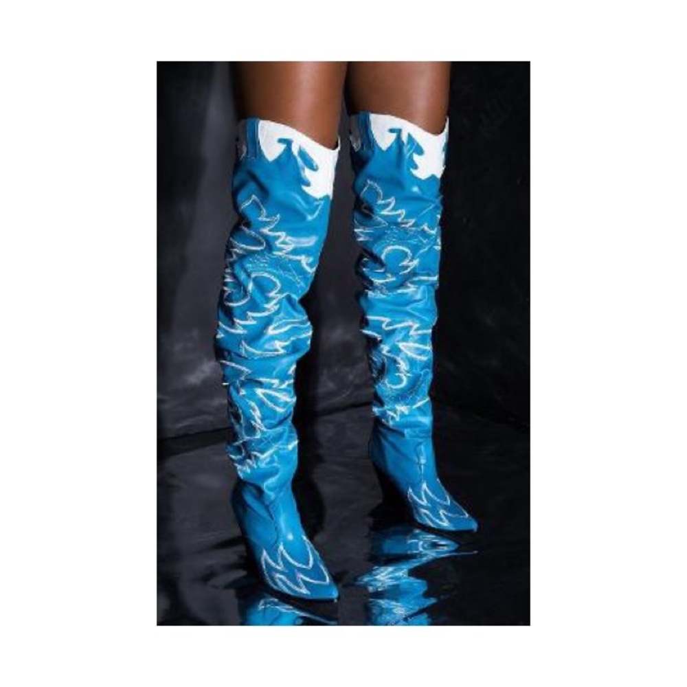 Blue and white thigh high cowboy boots